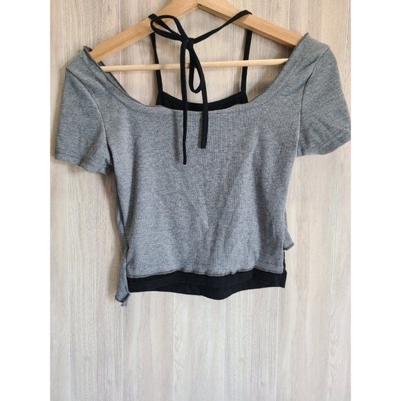 Shein Asymmetrical Cropped Top XS Gray Ribbed Knit Ruched Side Layered Look - Picture 2 of 5
